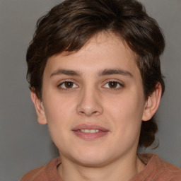 Joyful white young-adult male with medium  brown hair and brown eyes