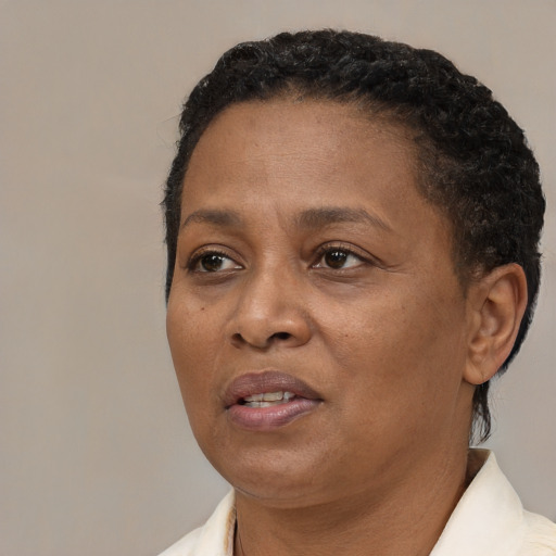 Neutral black adult female with short  brown hair and brown eyes