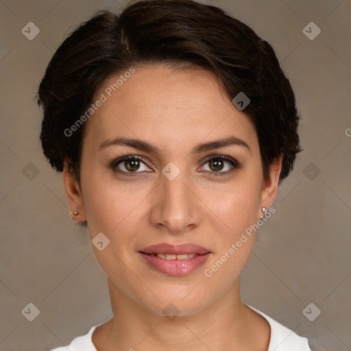 Joyful white young-adult female with short  brown hair and brown eyes