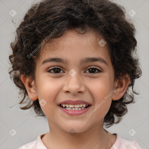 Joyful white child female with medium  brown hair and brown eyes