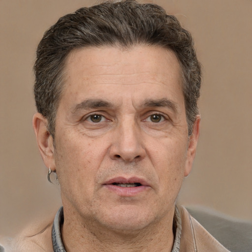 Neutral white middle-aged male with short  brown hair and brown eyes