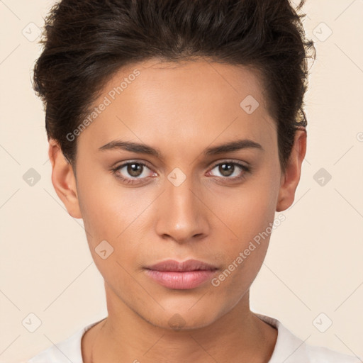 Neutral white young-adult female with short  brown hair and brown eyes