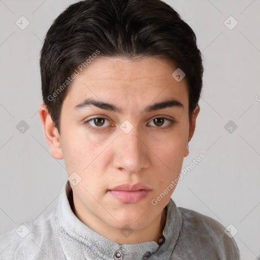 Neutral white young-adult male with short  brown hair and brown eyes