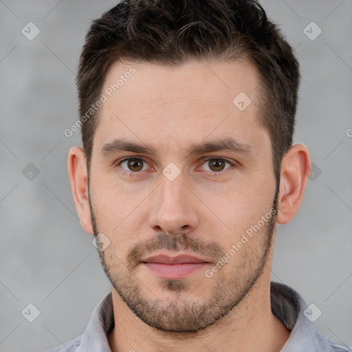 Neutral white young-adult male with short  brown hair and brown eyes