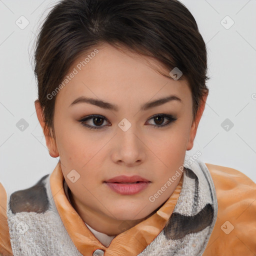 Neutral asian young-adult female with medium  brown hair and brown eyes