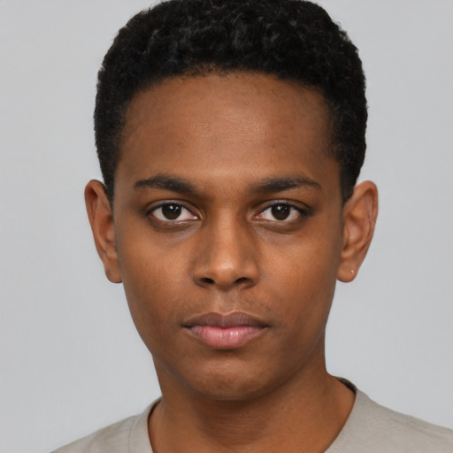 Neutral black young-adult male with short  black hair and brown eyes