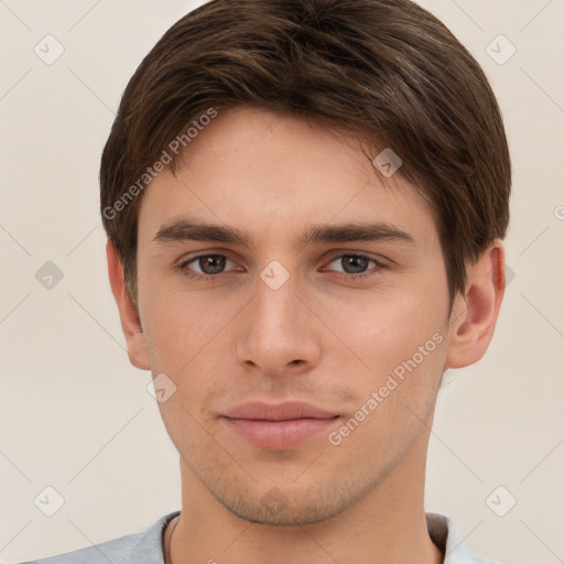 Neutral white young-adult male with short  brown hair and brown eyes