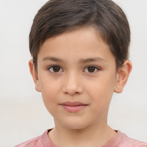 Joyful white child female with short  brown hair and brown eyes