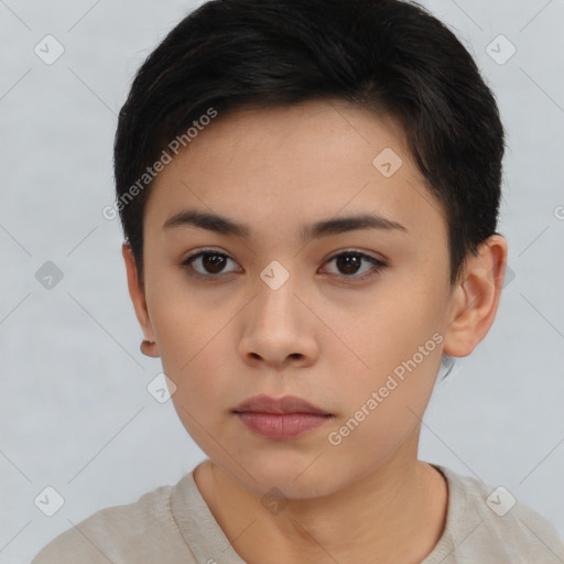 Neutral asian young-adult female with short  brown hair and brown eyes