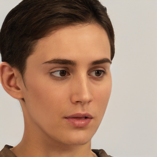 Neutral white young-adult female with short  brown hair and brown eyes