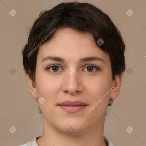 Joyful white young-adult female with short  brown hair and brown eyes