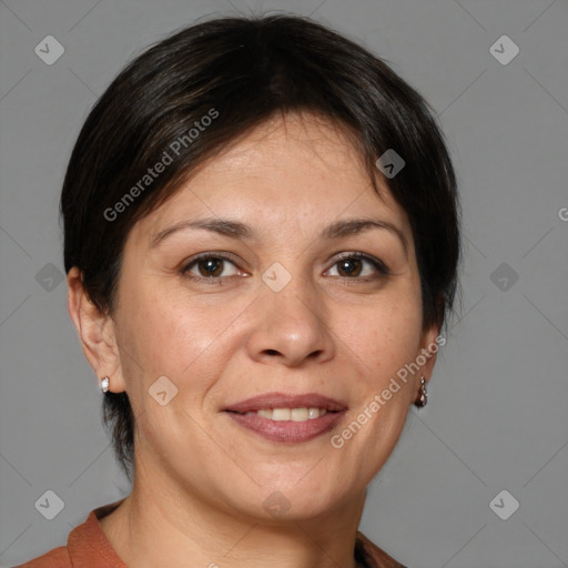 Joyful white adult female with medium  brown hair and brown eyes