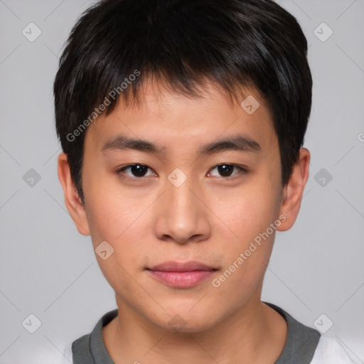 Neutral asian young-adult male with short  brown hair and brown eyes