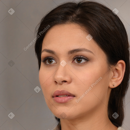 Neutral white young-adult female with medium  brown hair and brown eyes