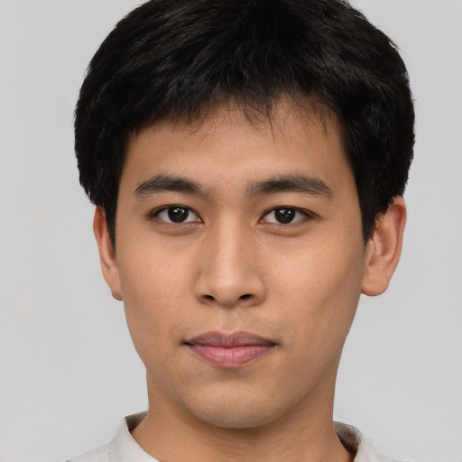 Neutral asian young-adult male with short  black hair and brown eyes