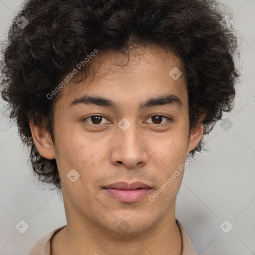 Joyful black young-adult male with short  brown hair and brown eyes