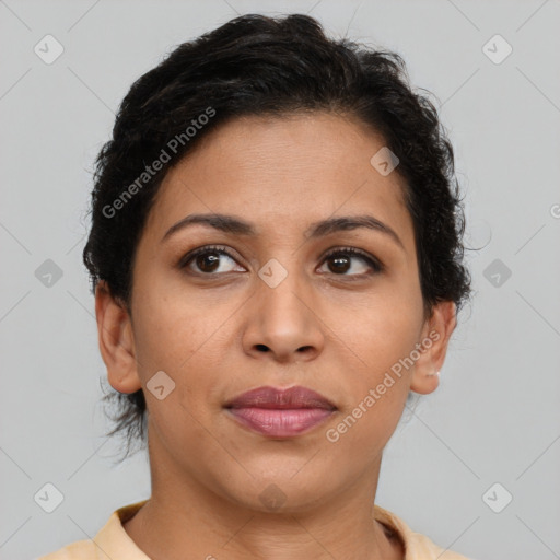 Joyful latino young-adult female with short  brown hair and brown eyes