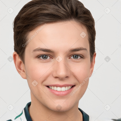 Joyful white young-adult female with short  brown hair and grey eyes