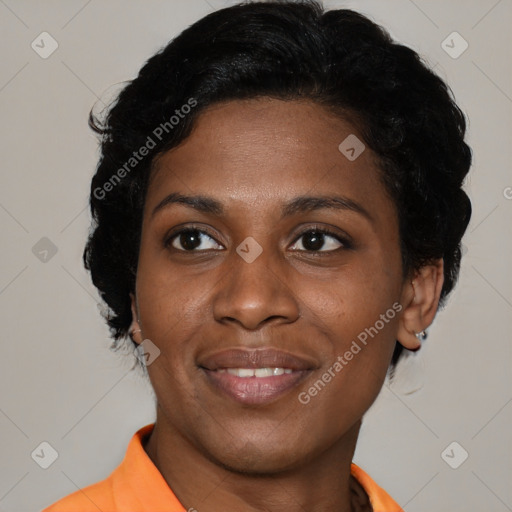 Joyful latino young-adult female with short  black hair and brown eyes
