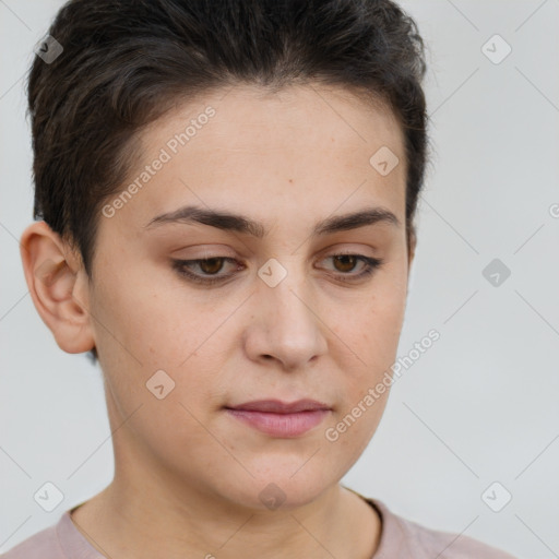 Joyful white young-adult female with short  brown hair and brown eyes