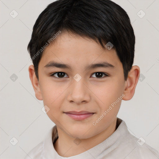 Joyful white child male with short  brown hair and brown eyes