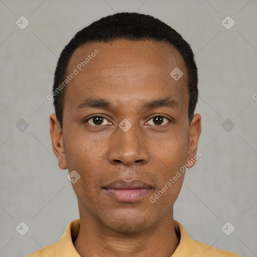 Neutral black young-adult male with short  black hair and brown eyes