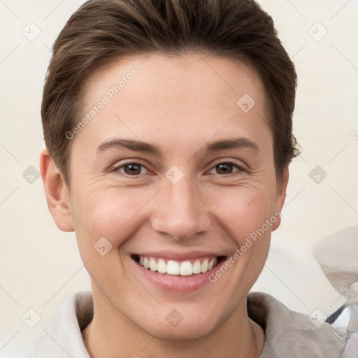 Joyful white young-adult female with short  brown hair and brown eyes