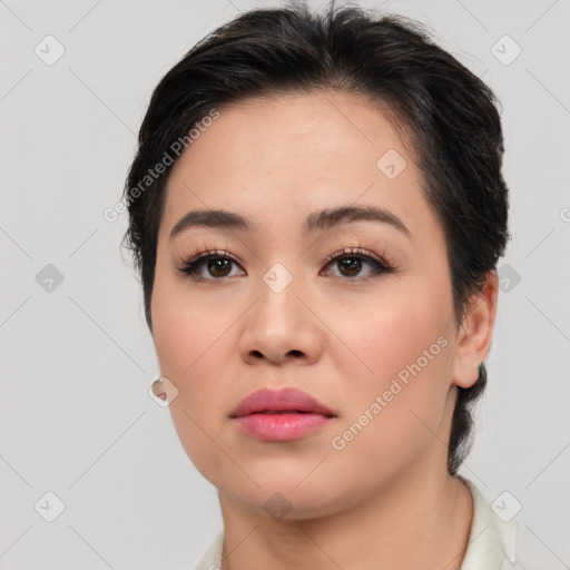 Neutral asian young-adult female with short  brown hair and brown eyes