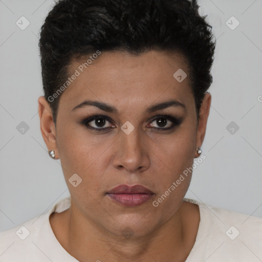 Neutral latino young-adult female with short  brown hair and brown eyes