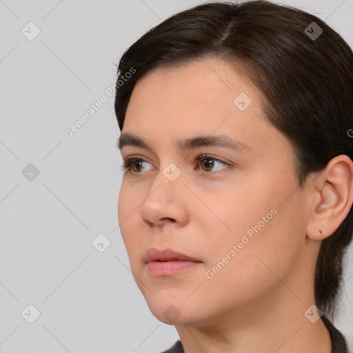 Neutral white young-adult female with medium  brown hair and brown eyes