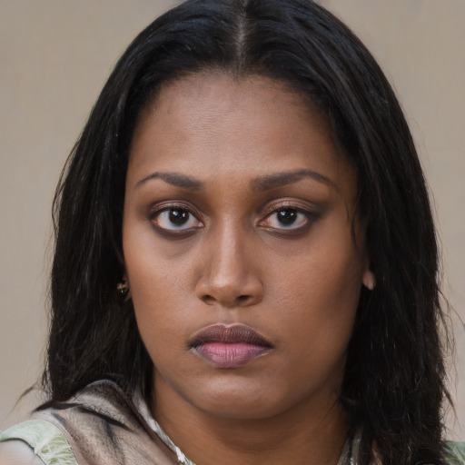 Neutral asian young-adult female with long  black hair and brown eyes