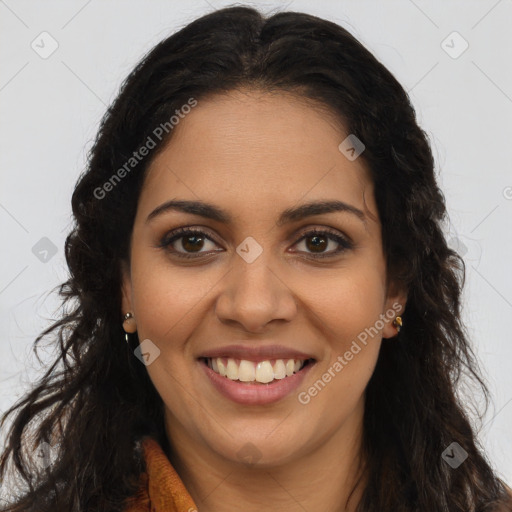 Joyful latino young-adult female with long  brown hair and brown eyes