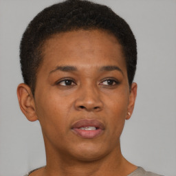 Neutral black young-adult female with short  brown hair and brown eyes