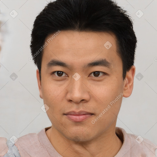 Neutral asian young-adult male with short  black hair and brown eyes