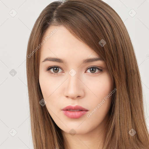 Neutral white young-adult female with long  brown hair and brown eyes