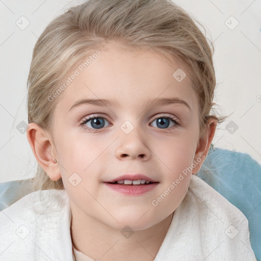 Joyful white child female with medium  brown hair and blue eyes