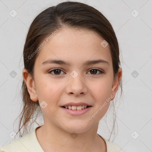 Joyful white child female with medium  brown hair and brown eyes