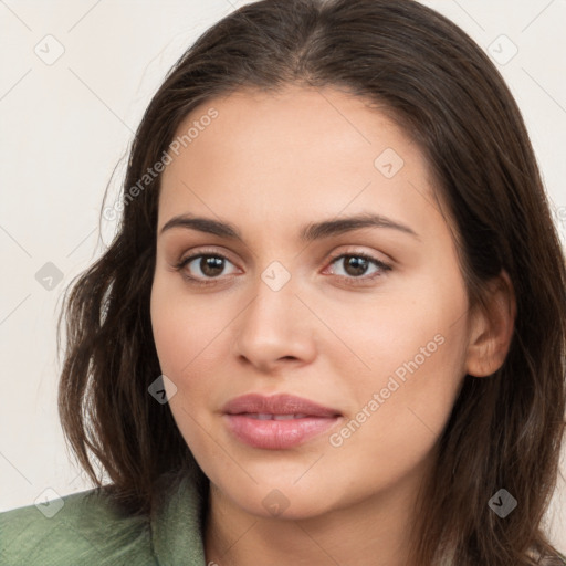 Neutral white young-adult female with long  brown hair and brown eyes