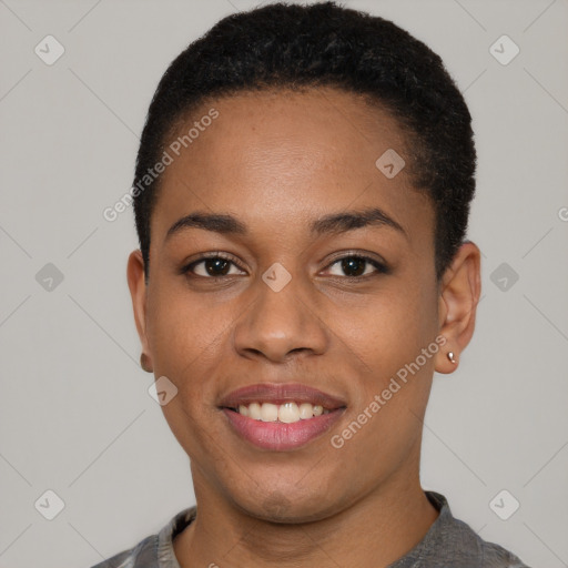 Joyful latino young-adult female with short  black hair and brown eyes