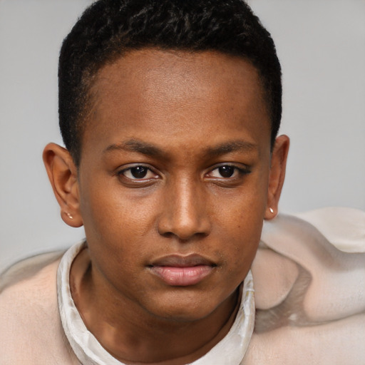 Neutral black young-adult female with short  brown hair and brown eyes