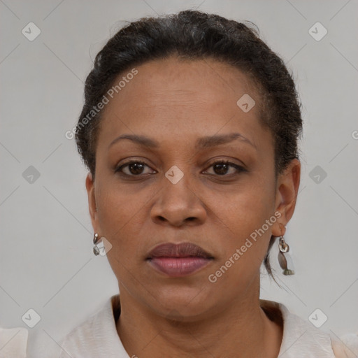 Joyful black adult female with short  brown hair and brown eyes