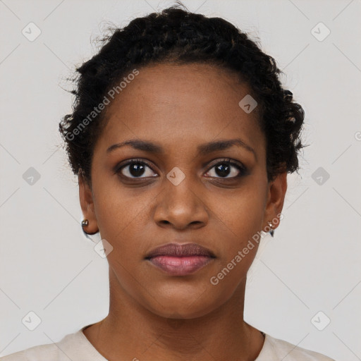 Neutral black young-adult female with short  black hair and brown eyes