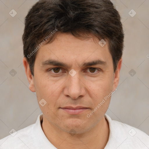 Neutral white adult male with short  brown hair and brown eyes