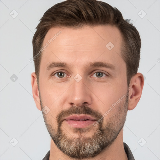 Neutral white young-adult male with short  brown hair and grey eyes