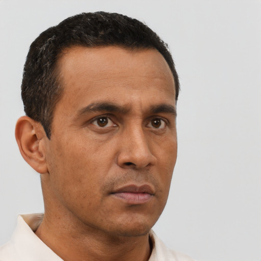 Neutral white adult male with short  black hair and brown eyes