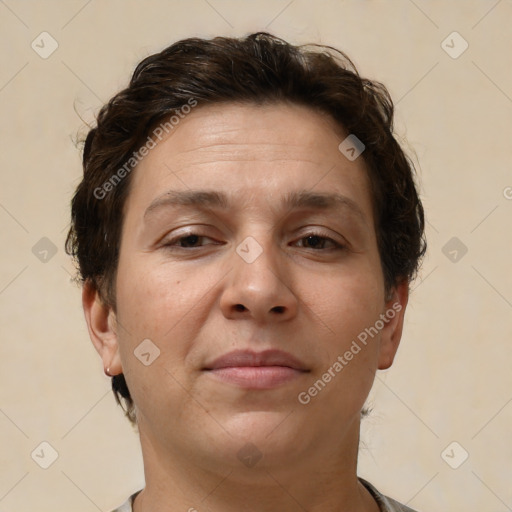 Neutral white adult female with short  brown hair and brown eyes