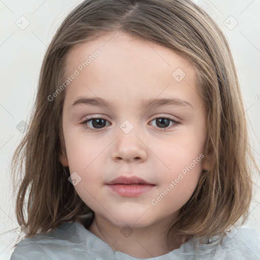 Neutral white child female with medium  brown hair and grey eyes