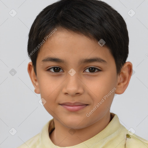 Joyful white child male with short  brown hair and brown eyes