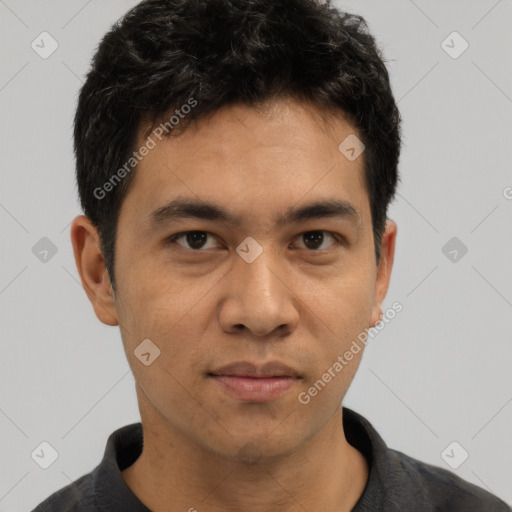 Neutral asian young-adult male with short  black hair and brown eyes