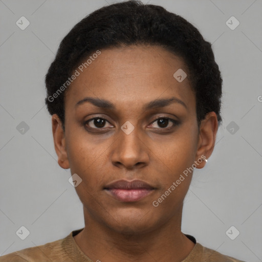 Neutral black young-adult female with short  black hair and brown eyes